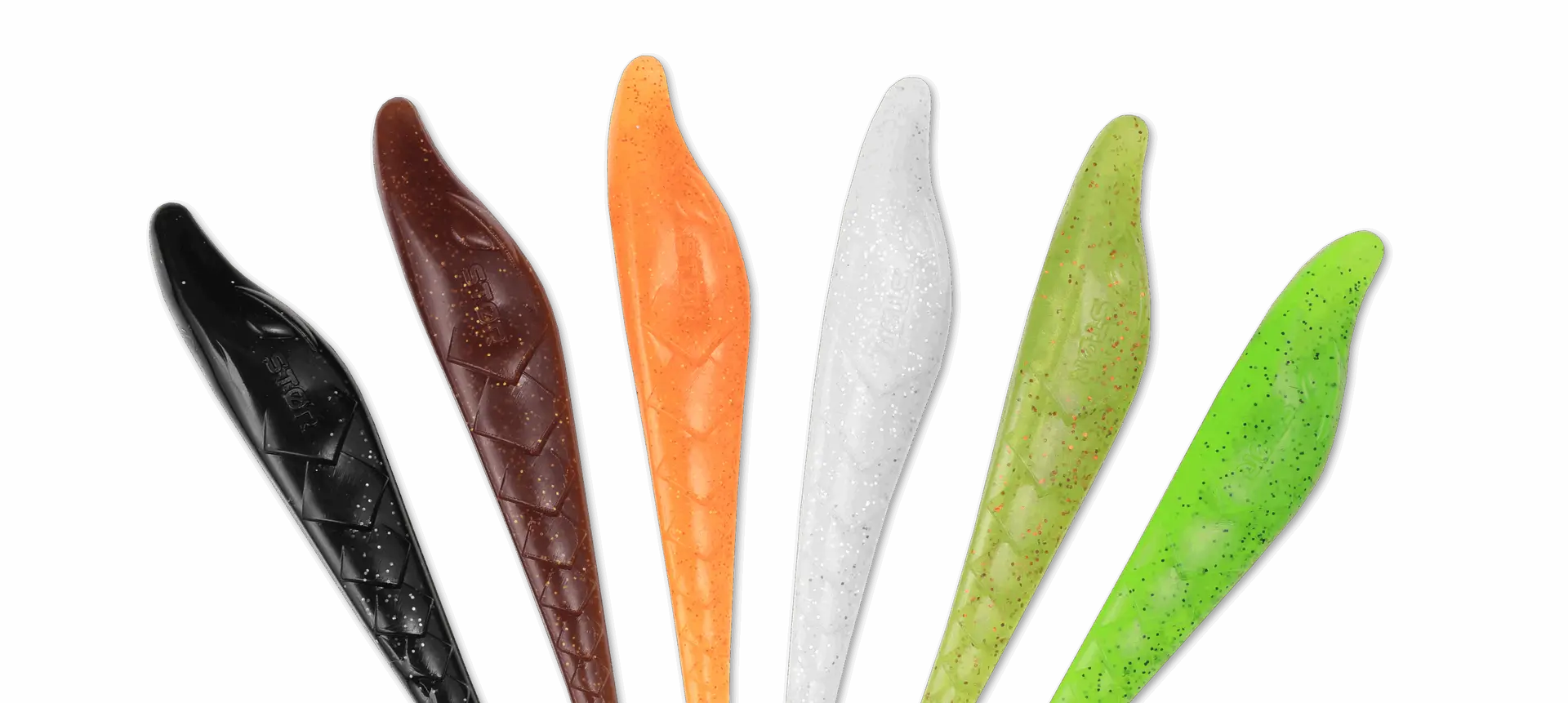 Darstellung verschiedener Farbvarianten des Köders (STØR-Shad)